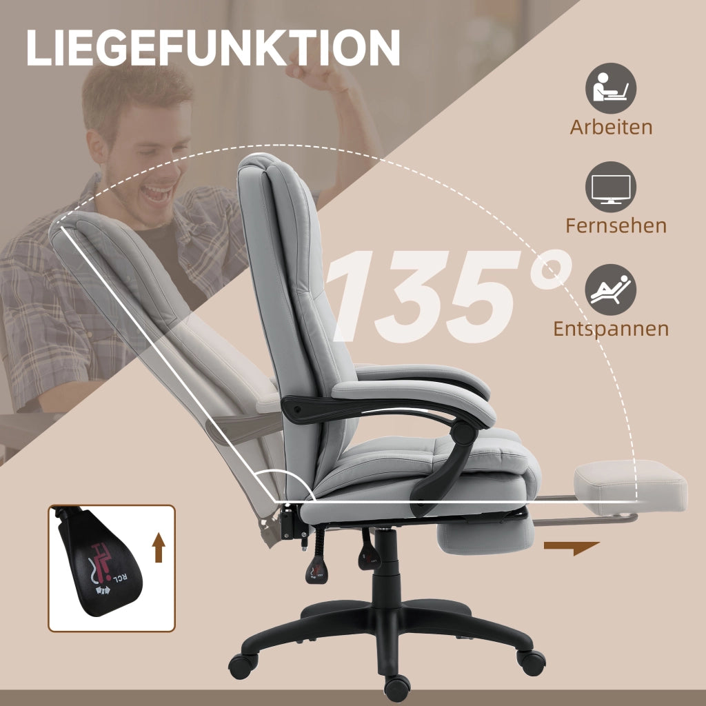 Poltrona da ufficio ergonomica con massaggio, schienale reclinabile e poggiapiedi in similpelle grigio chiaro
