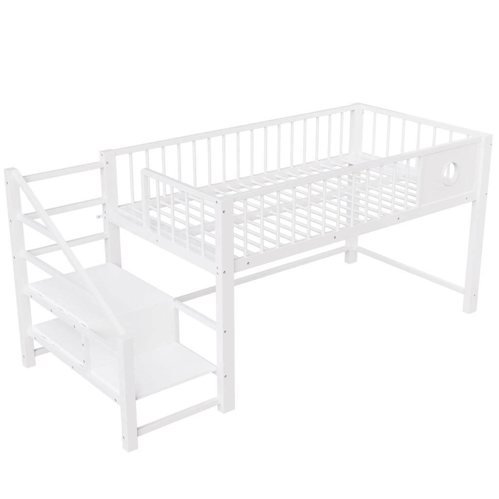 Letto a soppalco basso singolo 90×200 cm con scala contenitore; senza materasso; metallo; bianco per camera