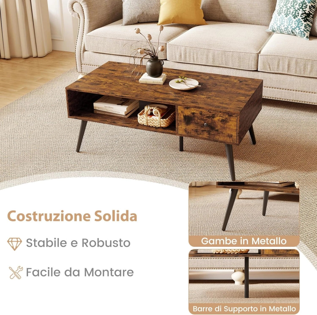 Tavolino da Salotto Rettangolare Design Moderno, Tavolino da Caffè con Cassetto e Mensola Inferiore, Tavolino Basso da Divano con Gambe in Metallo per Soggiorno, 109 x 55 x 42 cm (Marrone)
