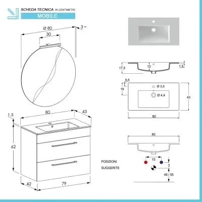 Mobile bagno sospeso 80 cm Smart grigio legno con lavabo e specchio