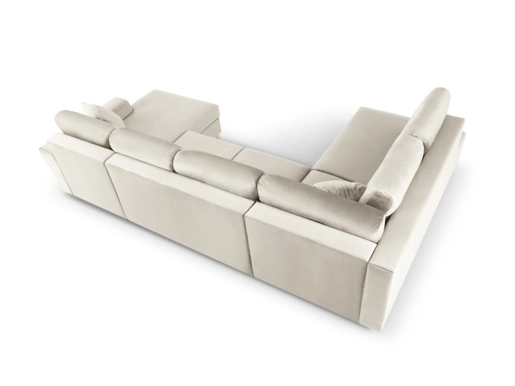 Cosmopolitan Design - Divano panoramico convertibile sinistro con contenitore "Kyoto" 7 posti in velluto beige chiaro 