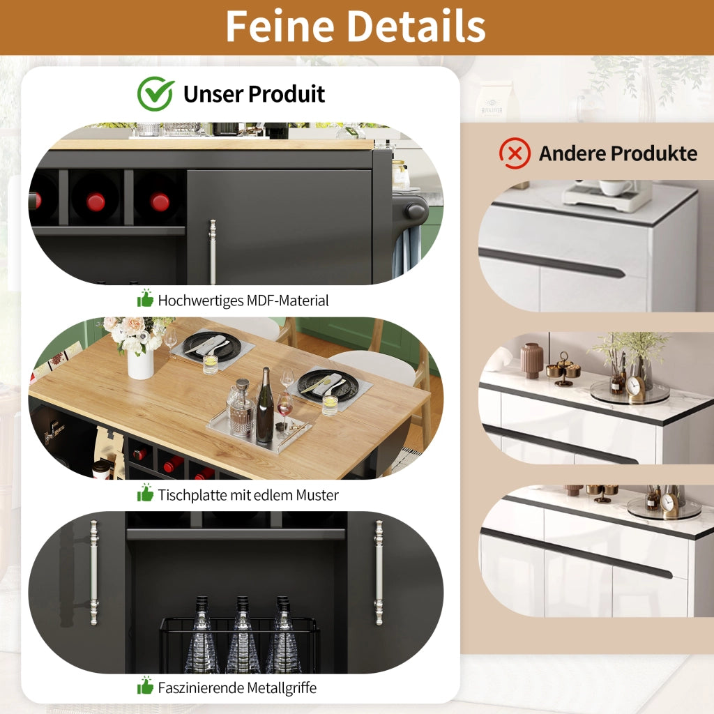TAVOLO ISOLA CUCINA 137,9x73x92,2 cm Nero in MDF e Metallo pieghevole