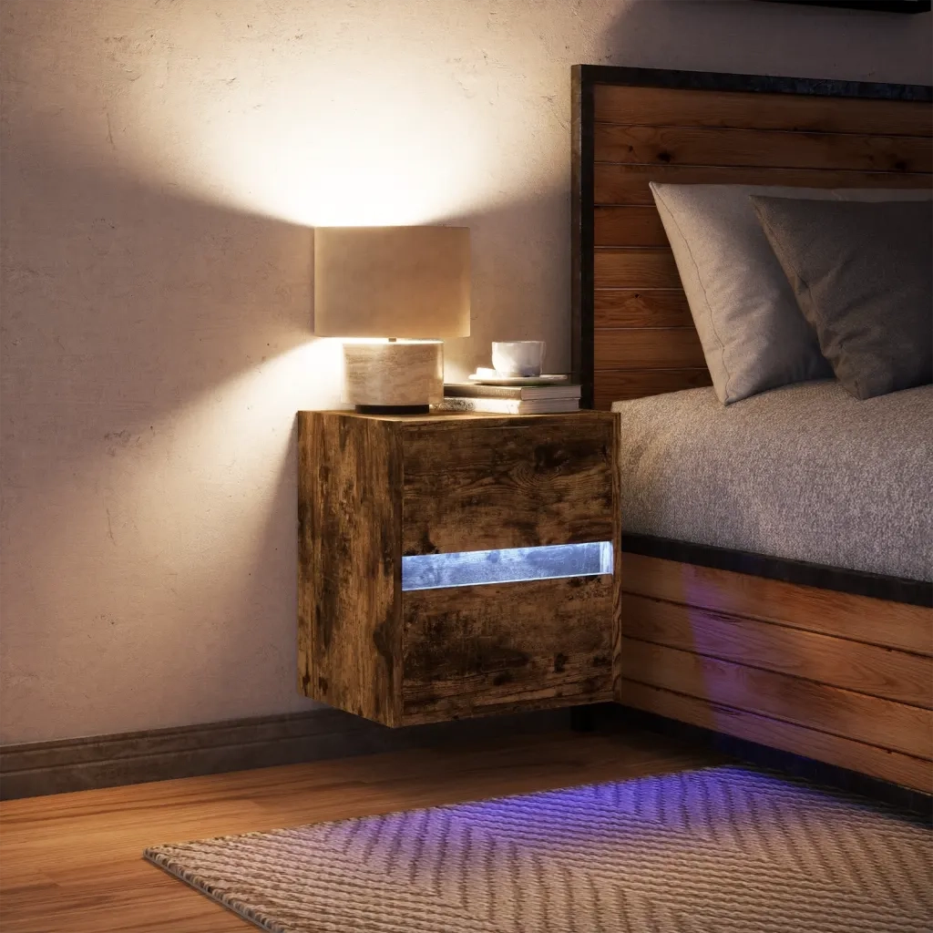 Comodino a Parete con luci LED Rovere Fumo