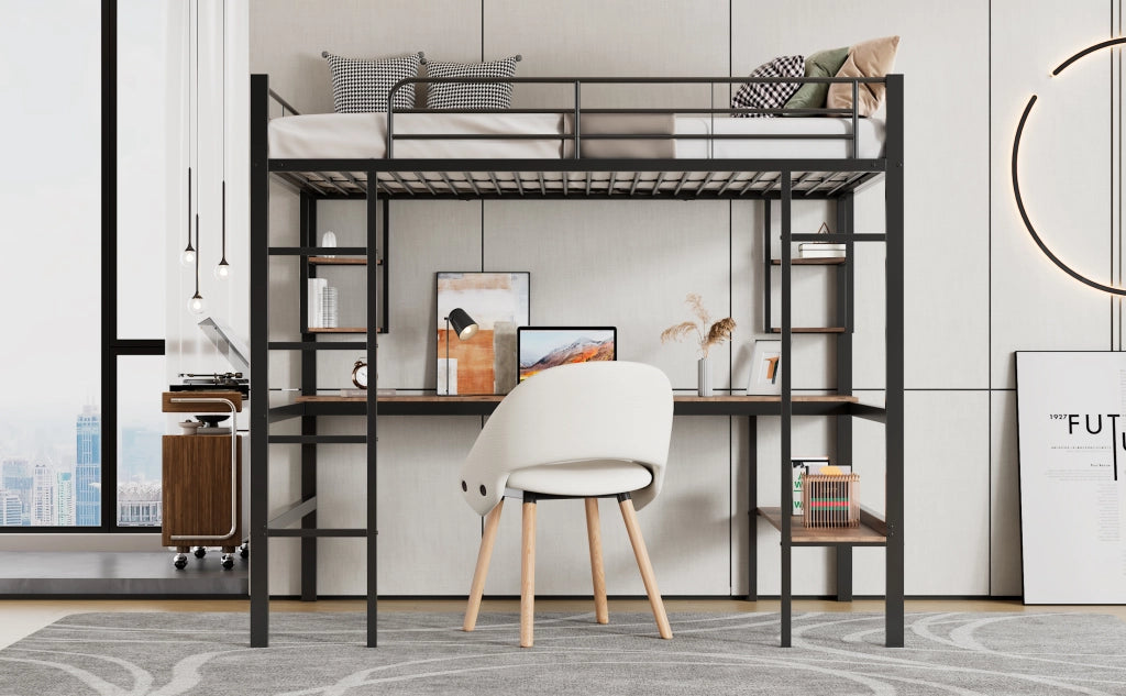DESMIU Letto a soppalco 1 posto con scrivania, 4 ripiani e libreria, 90 × 200 cm, senza materasso, metallo nero