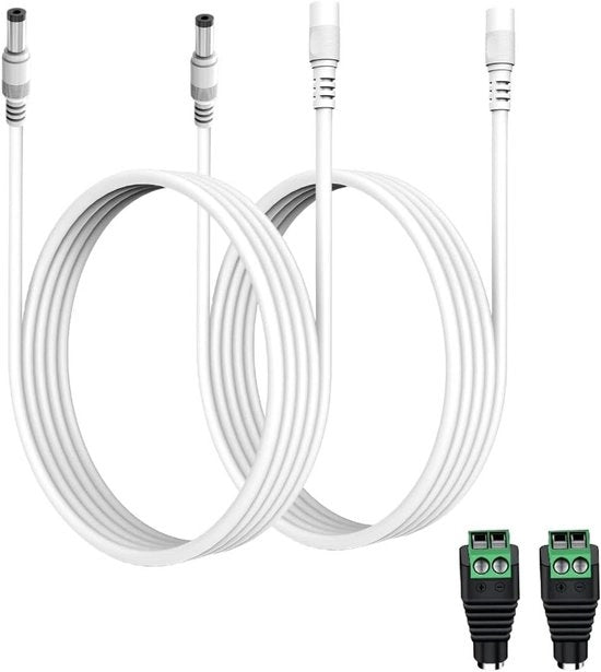 Cavo di estensione con 1 stoppia per DC pericolante - Compatibile con LED-Strisce, Box TV e telecamere di sicurezza - 2-Pack Bianco
