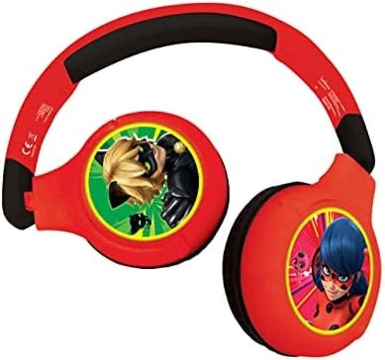 Cappello di Ladybug e Cat Noir, cuffia Bluetooth 2-in-1 per bambini, stereo wireless con cavo, volume sicuro per bambini, pieghevole, regolabile, rosso, HPBT010MI