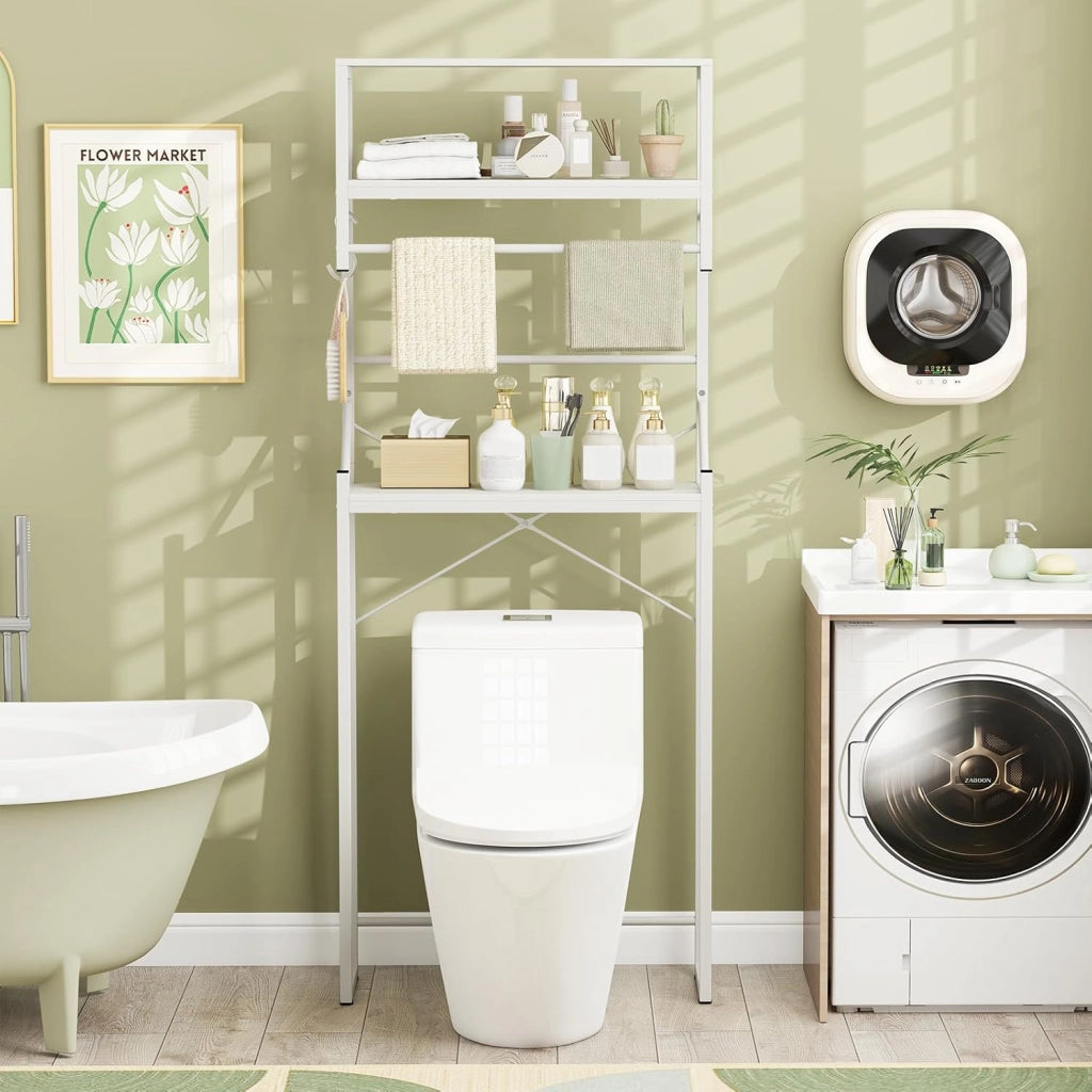 Scaffale WC a 3 livelli con asta per asciugamani e 3 ganci a forma di S, con gambe in metallo, 64 x 24 x 162 cm, bianco