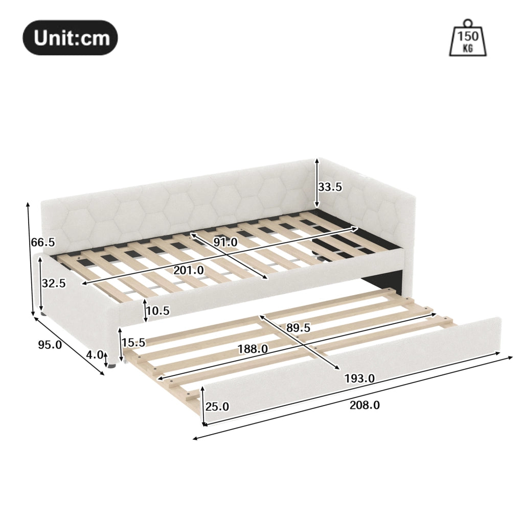 Letto 90x200 cm con letto estraibile; USB; Type-C e luce notturna in bouclé bianco