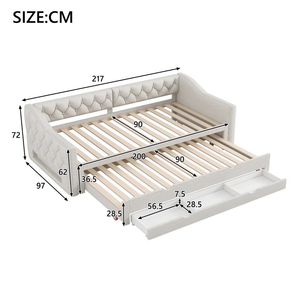 LETTO Giorno 90x200 cm Beige con LED, letto estraibile e 3 cassetti