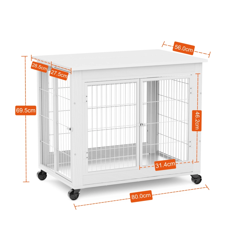 Cassa per cani in stile mobile con doppia porta, apertura superiore ribaltabile, ruote, pannelli in truciolare e acciaio bianco 80 × 56 × 69.5 cm