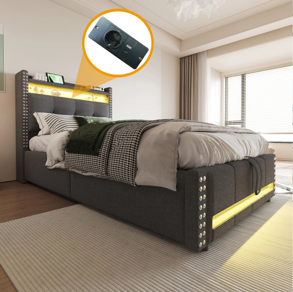 Letto imbottito singolo 90x200 cm con LED; USB e contenitore idraulico; grigio