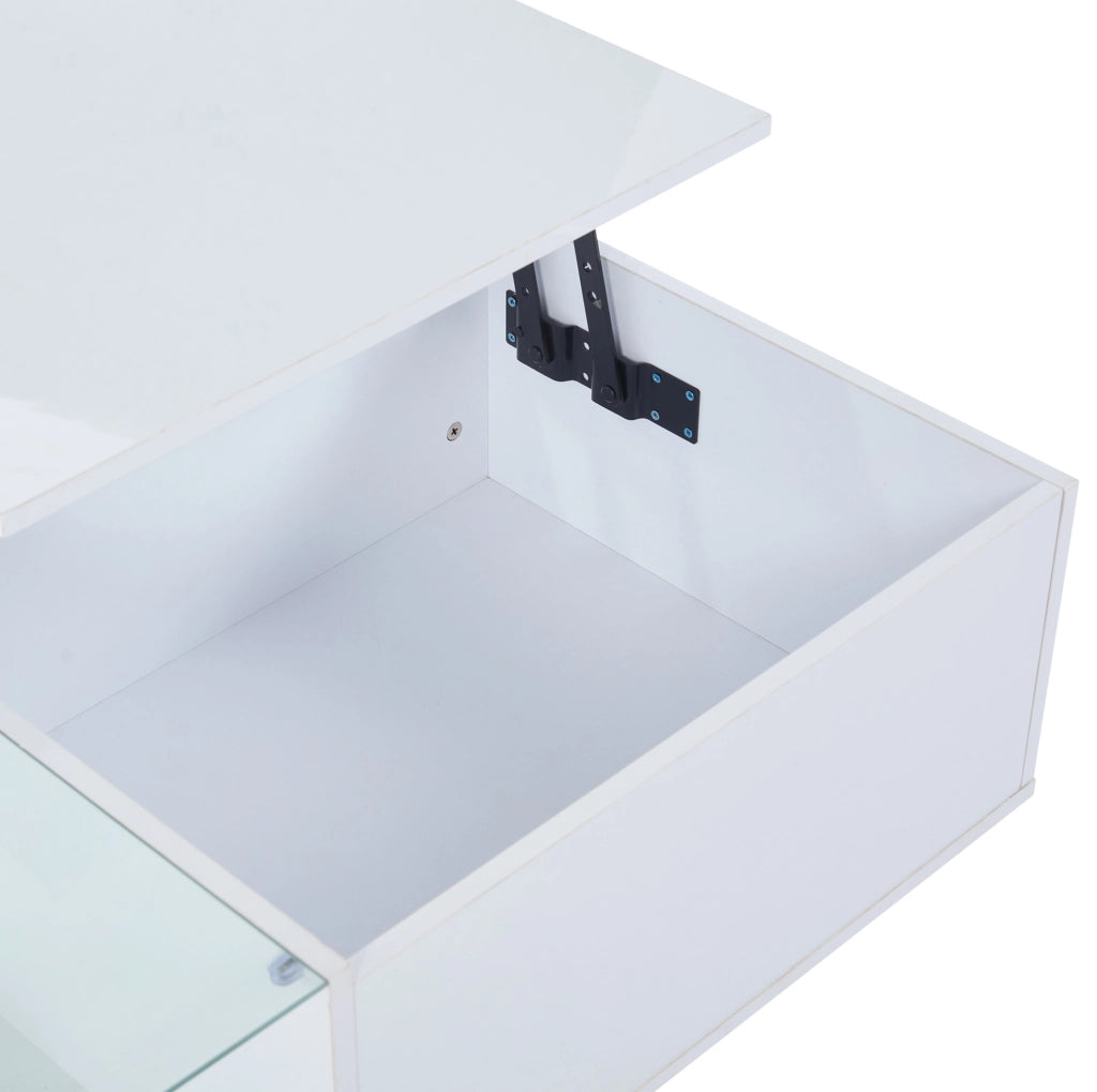 Tavolino da salotto sollevabile con LED smart; 100x50x33 cm; bianco lucido in truciolare