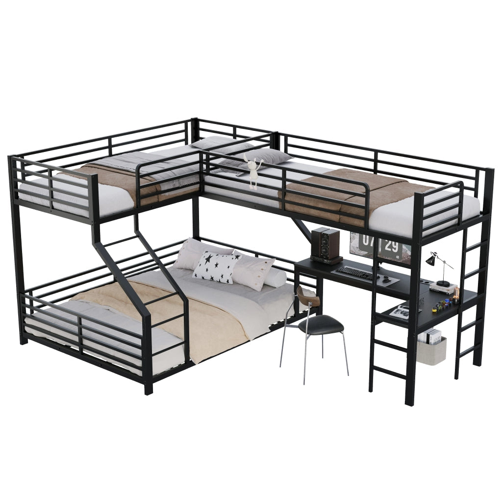 Letto a Castello 90x200 cm e 140x200 cm; 3 Posti - Scrivania; USB e Type-C - Nero
