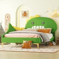 Letto Imbottito per Bambini 4+ Anni a Forma di Dinosauro con Doghe in Legno, Rivestimento in Pelle PU, Senza Materasso, 90×200 cm, Verde