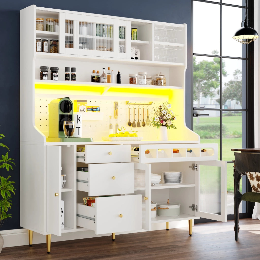 Credenza Alta da Cucina con Ante Scorrevoli in Vetro; Cassetto; Ripiani Regolabili; LED; Portabicchieri; Bianco 145x39x171 cm