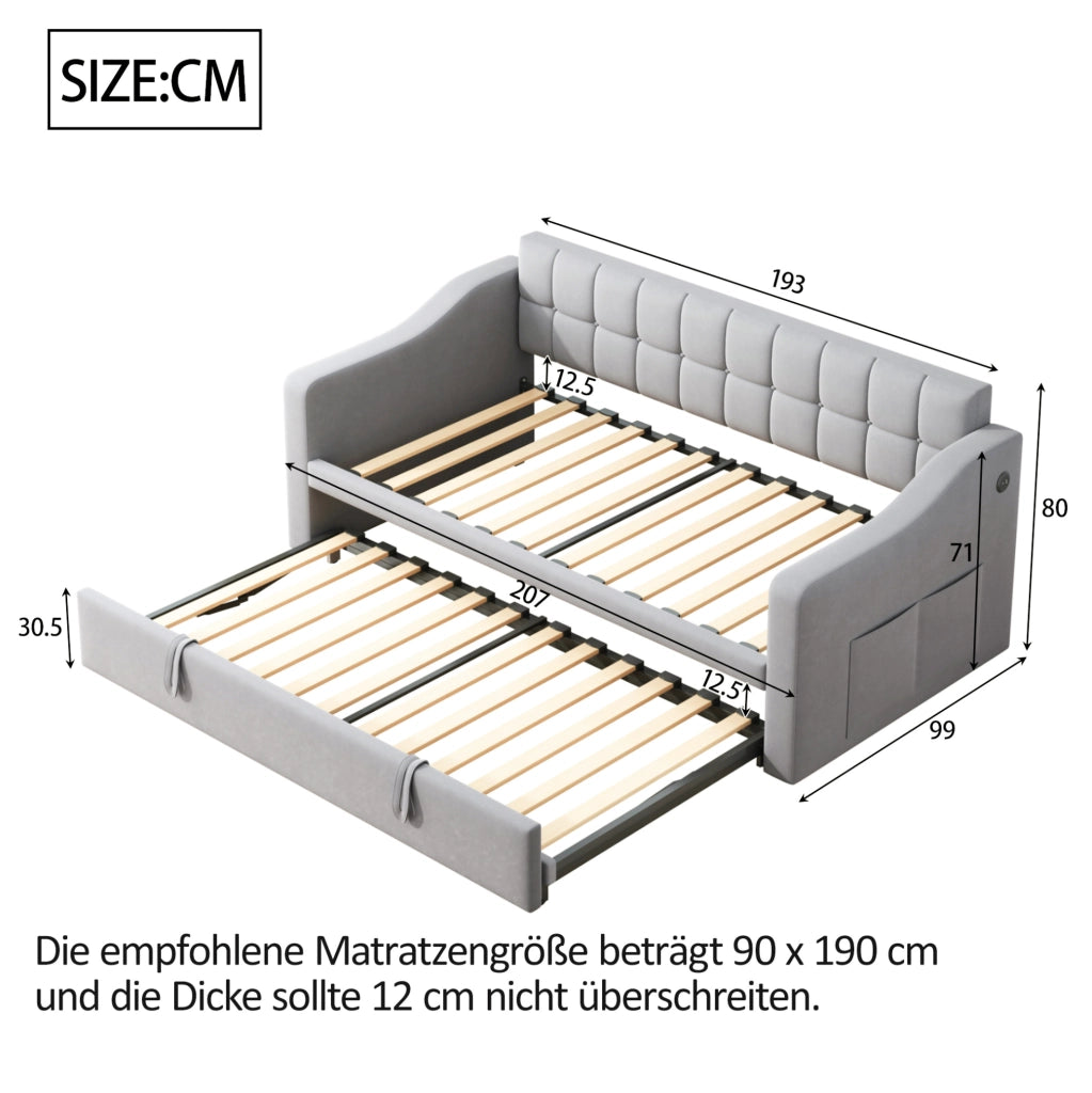 Divano letto estraibile 90x190 cm in velluto grigio chiaro USB