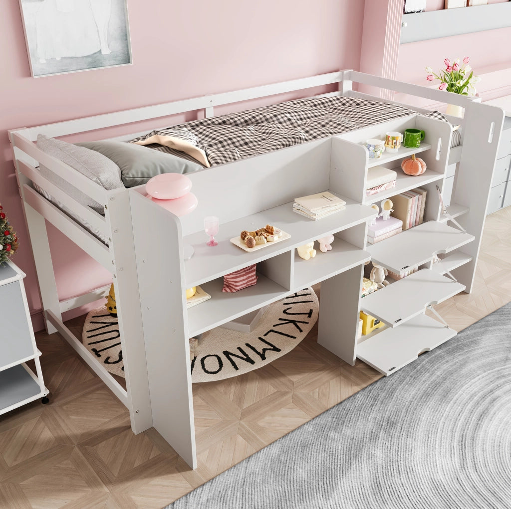 Letto a soppalco 90x200 cm con spazio contenitore in pino bianco