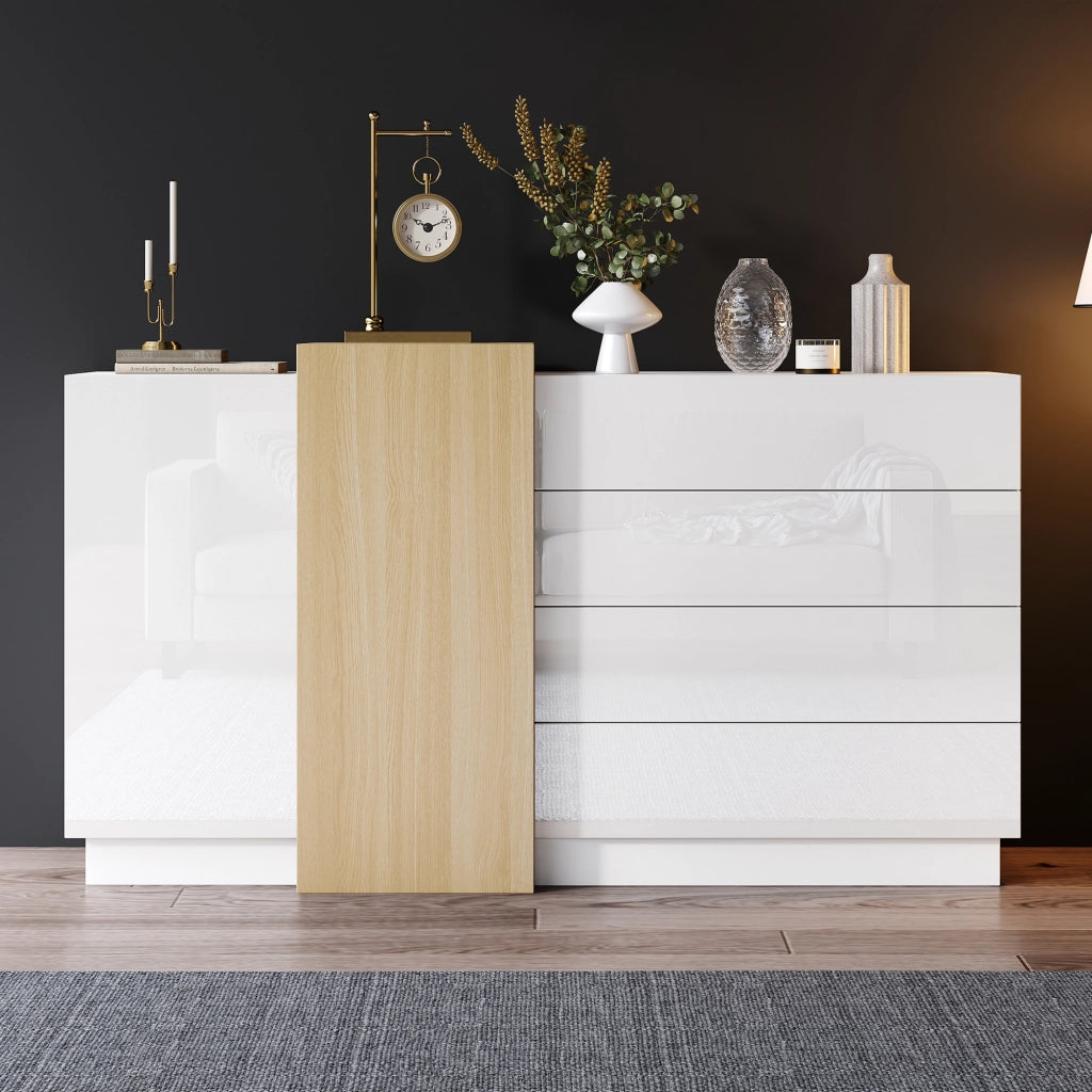 Credenza con 2 ante e 4 cassetti; apertura push - per soggiorno - 140×35×76.5 cm - bianco