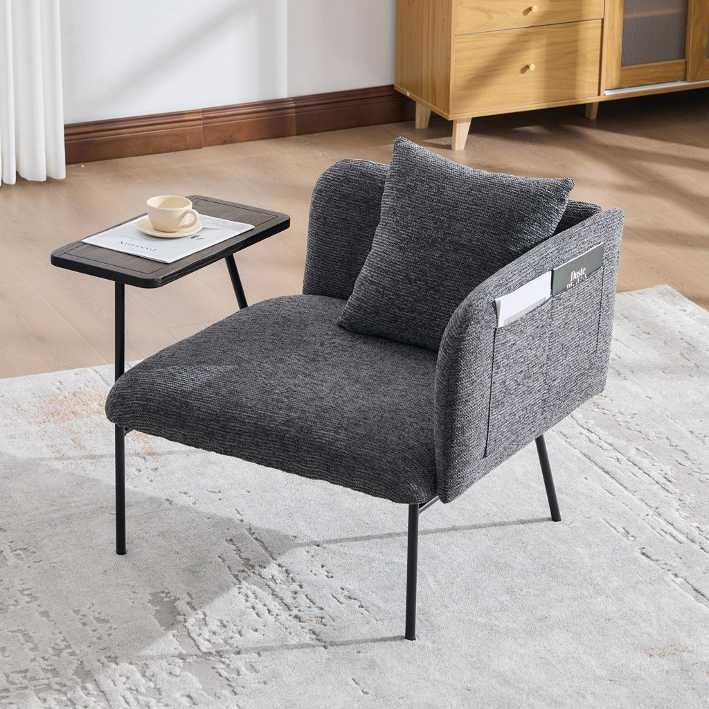 Poltrona con tavolino laterale e tasche portaoggetti, seduta ergonomica in ciniglia per salotto, grigio scuro