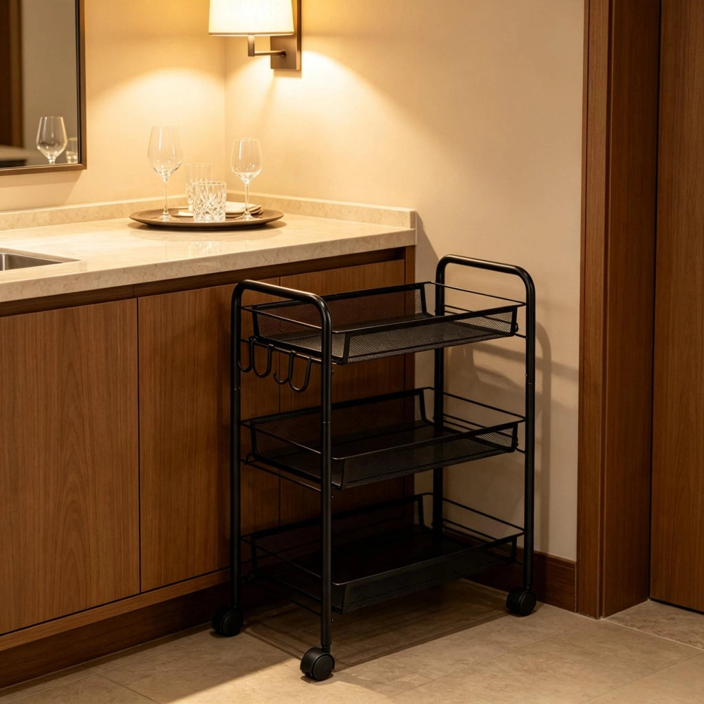CARRELLO A 3 RIPIANI 45x26,5x63 cm Acciaio Nero con 4 ruote bloccabili