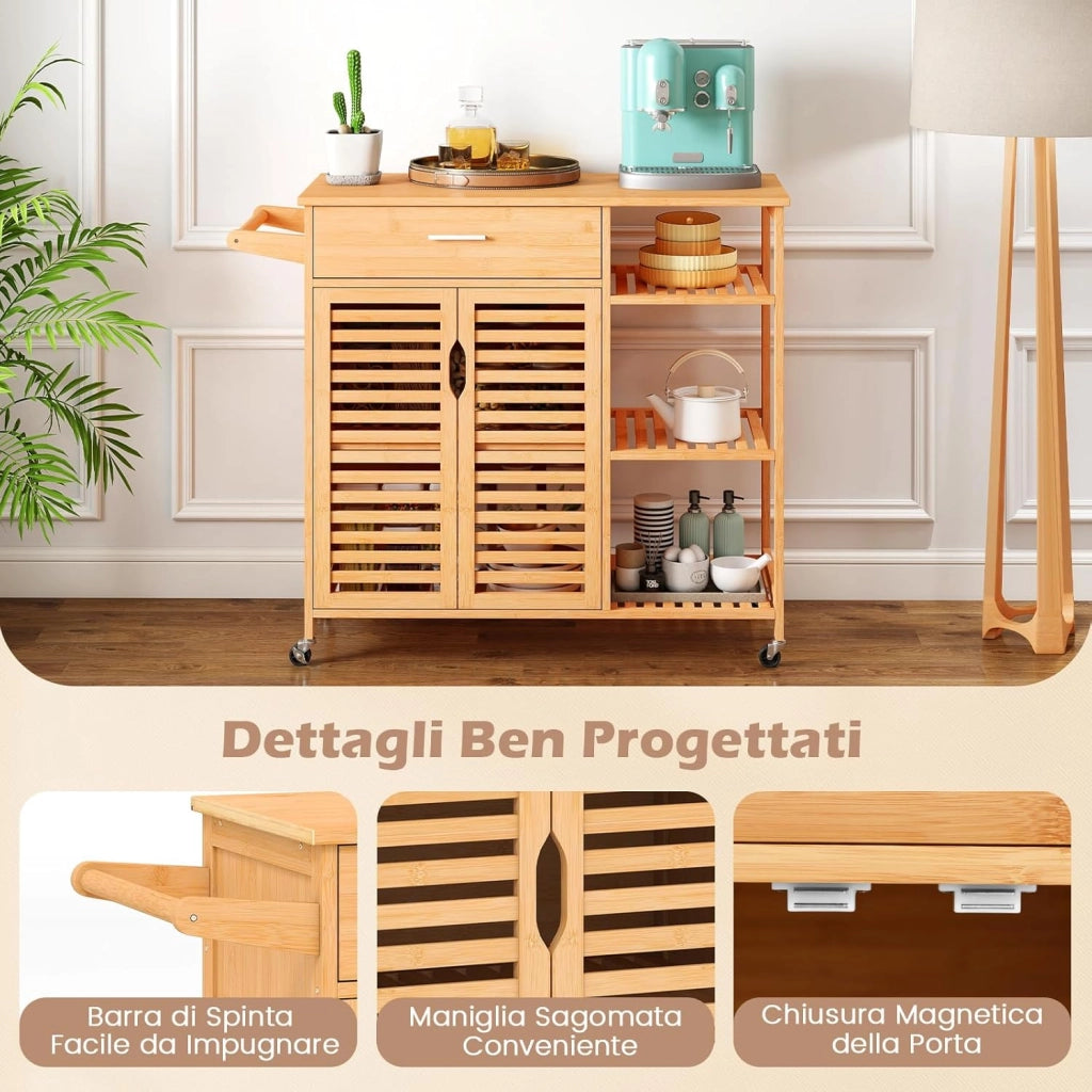 Carrello da Cucina, Mobile da Cucina in Bambù con Ruote Cassetto Ripiani Barra per Asciugamani e Armadio con 2 Porte, Organizzatore per Sala da Pranzo Soggiorno, 104x40x89 cm