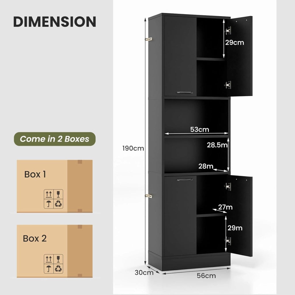 Credenza da Cucina Alta 190 cm con 4 Ante, 2 Scomparti Aperti e 6 Ripiani, 4 Kit Antiribaltamento, Armadio Portaoggetti per Cucina e Bagno