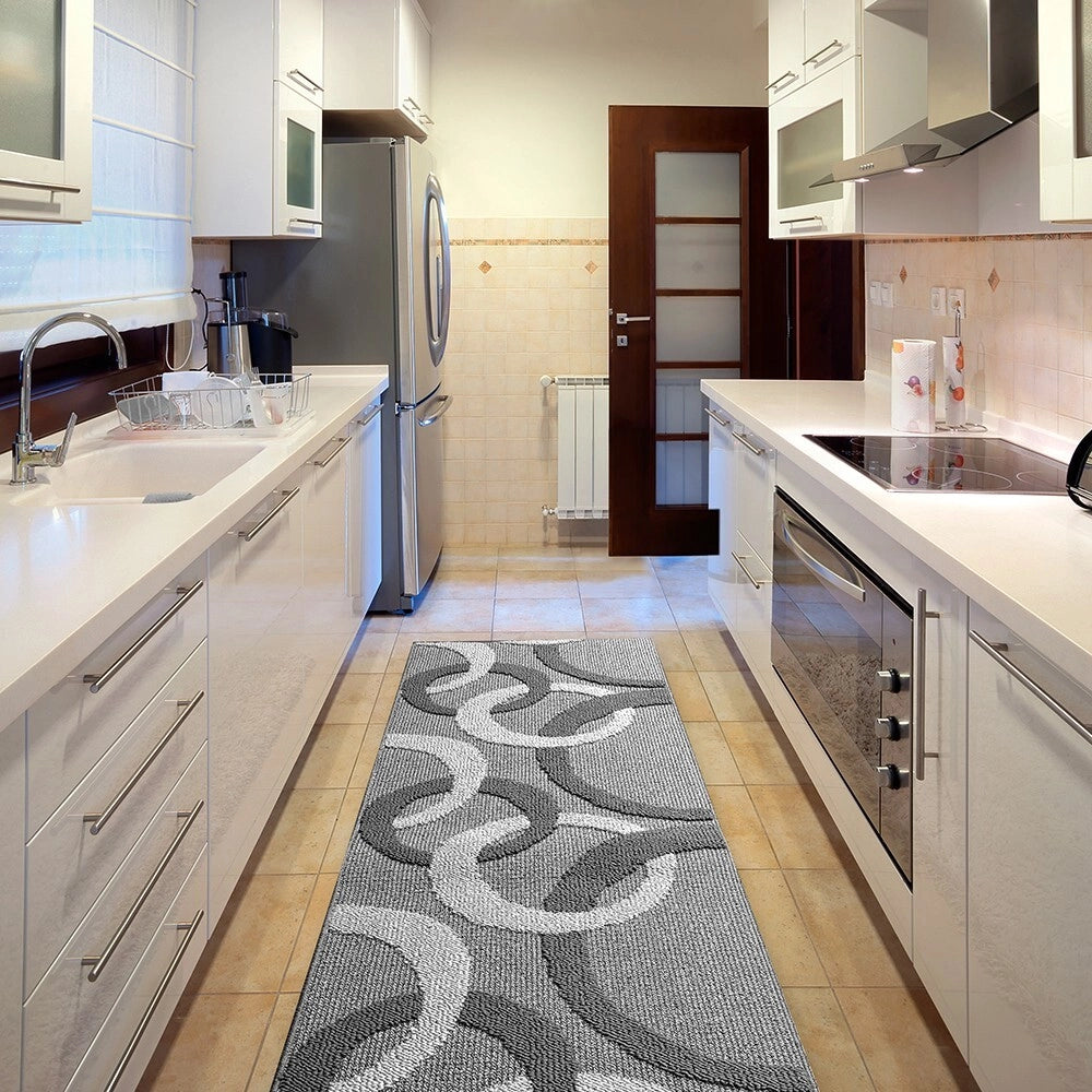 Tappeto Cucina 57x280 Cm Tridimensionale Cerchi 3D Assorbente Morbido Moderno Antiscivolo Grigio