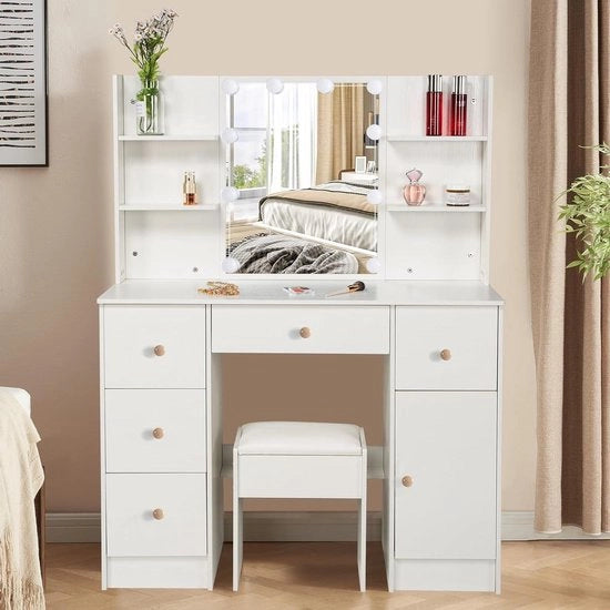 Tavolo per trucco con illuminazione a led - 3 temperature di colore - luminosità regolabile - tavolo per trucco con specchio - sgabello - tavolo per trucco - 4 pannelli - 5 cassetti - tavolo per trucco moderno in bianco