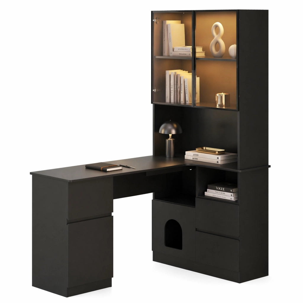 Scrivania angolare 120x80x180 cm con scaffale integrato e vetrina LED; nera in MDF