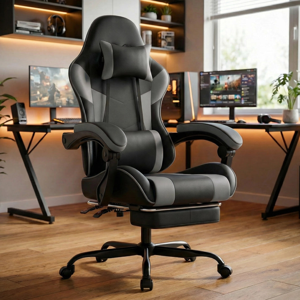 Sedia da ufficio gaming ergonomica con supporto lombare e poggiapiedi retrattile in PVC nero e grigio