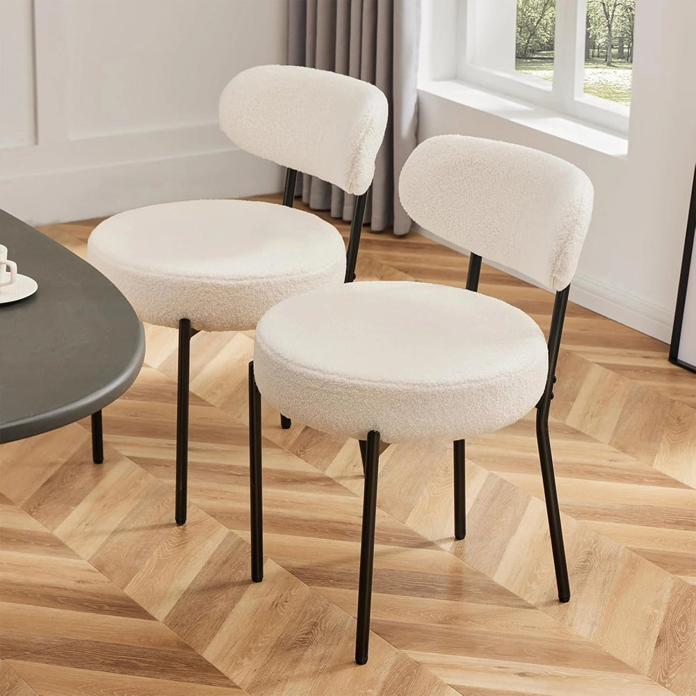 Set 4 Sedie da Pranzo con Gambe Metallo e Seduta Tessuto Teddy Imbottita Crema