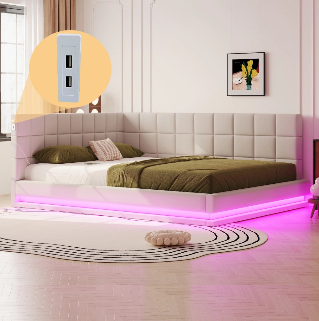 Divano letto 160x200 cm con LED e USB in lino beige
