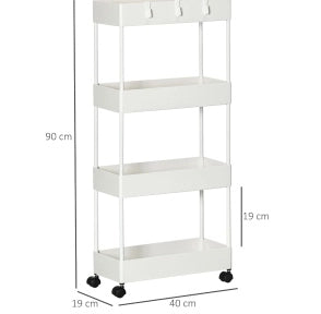 Carrello portaoggetti 40x19x90 cm a 4 ripiani con ruote e freni in acciaio bianco