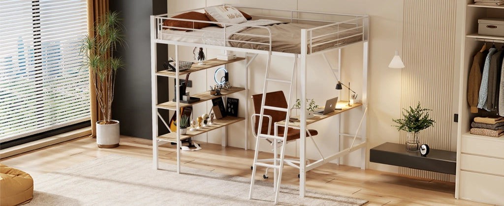DESMIU Letto a soppalco 1 posto con scrivania, 3 ripiani e sponda 90 × 200 cm, senza materasso, bianco