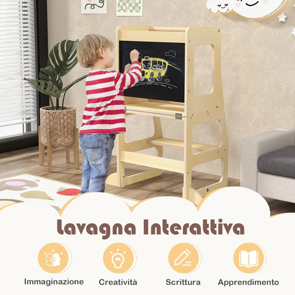 Torre per Bambini 3 in 1, Sgabello Montessori per Bambini con Lavagna, per Bambini 3 Anni +, Capacità di Carico 60 kg, 68 x 40 x 91 cm