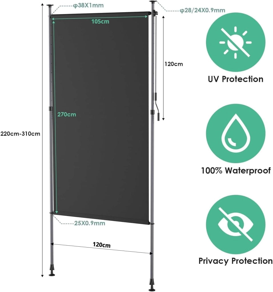 Tenda da sole verticale con morsetto, 120 x 310 cm, tenda da sole verticale allungabile, senza forature, tenda da sole verticale con manovella, protezione dal vento, per balcone, giardino, 2 pezzi