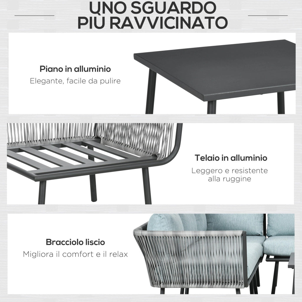 Set Salotto da Giardino Divano Angolare e Tavolino da Caffè Nero Grigio e Blu