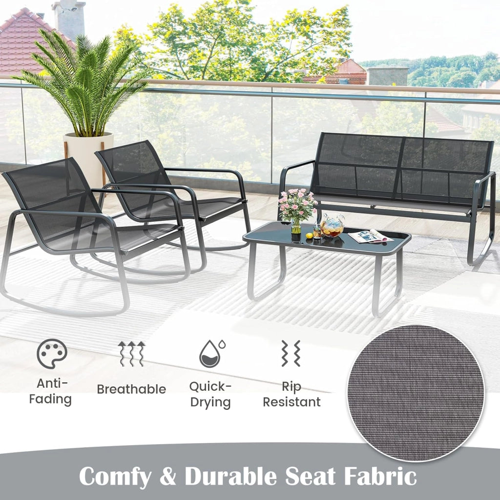 Set da Bistrò in Tessuto Textilene, Set da Giardino in 4 Pezzi, Tavolo Portato 50 kg, 2 Sedie a Dondolo Portate 150 kg, e Divanetto Portato 300 kg, Set Tavolo e Sedie da Esterno (Nero)