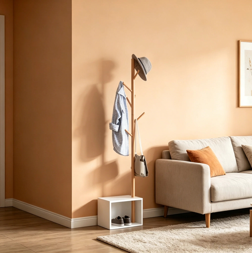 Porta abiti con panca rettangolare in MDF e bambù 40x30x180 cm bianco e bambù