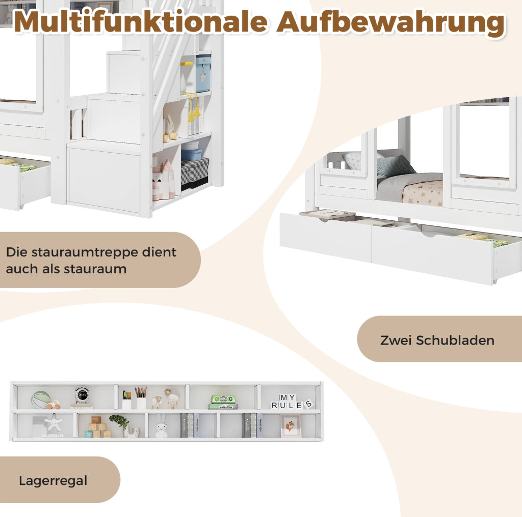 Letto a casetta rialzato per bambini 90x200 cm con scala contenitore; bianco