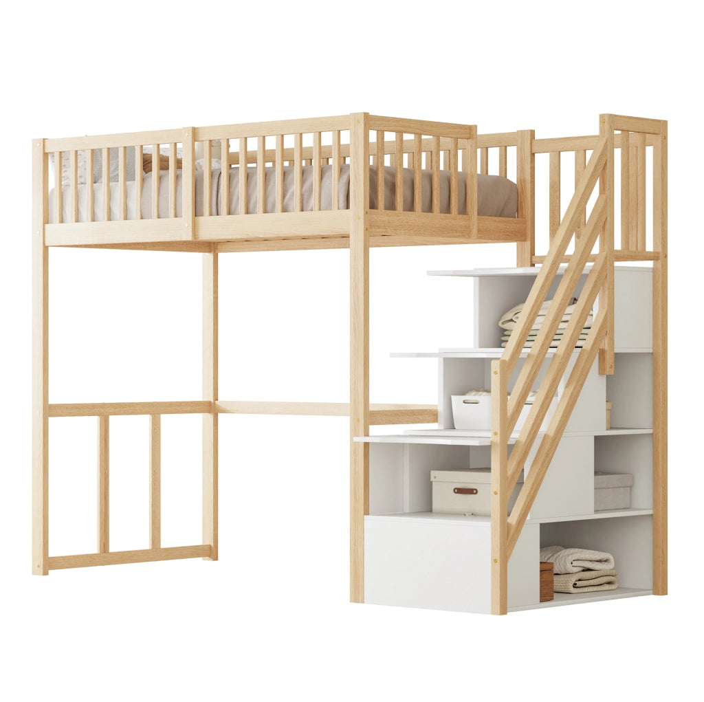 Letto alto 90x200 cm con scala contenitore; legno; colore naturale (Senza materasso)