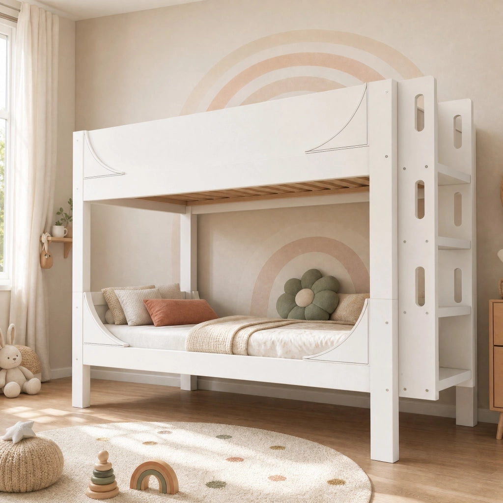 Letto a castello separabile 90x200 cm con scala reversibile; bianco; in legno e metallo
