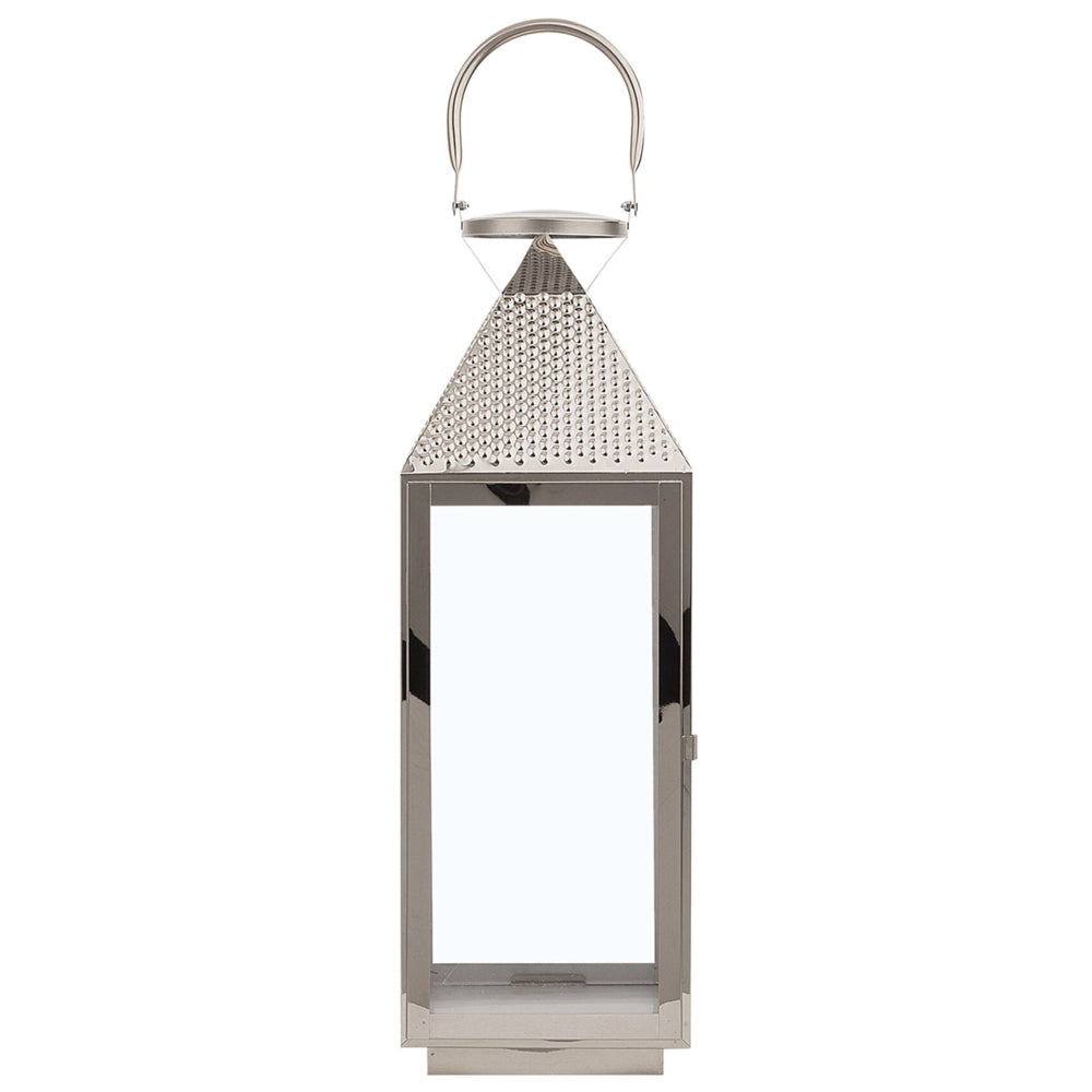 Lanterna in Metallo Argento Portacandele a Colonna in Acciaio Inox H 55 cm
