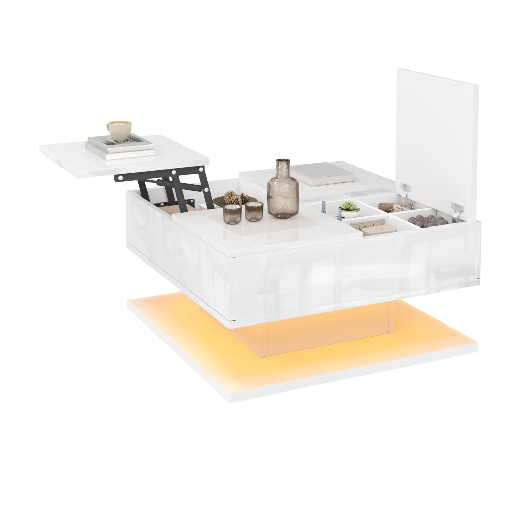 Tavolino da caffè multifunzione 72x72 cm con piano elevabile; LED e cassetti bianco
