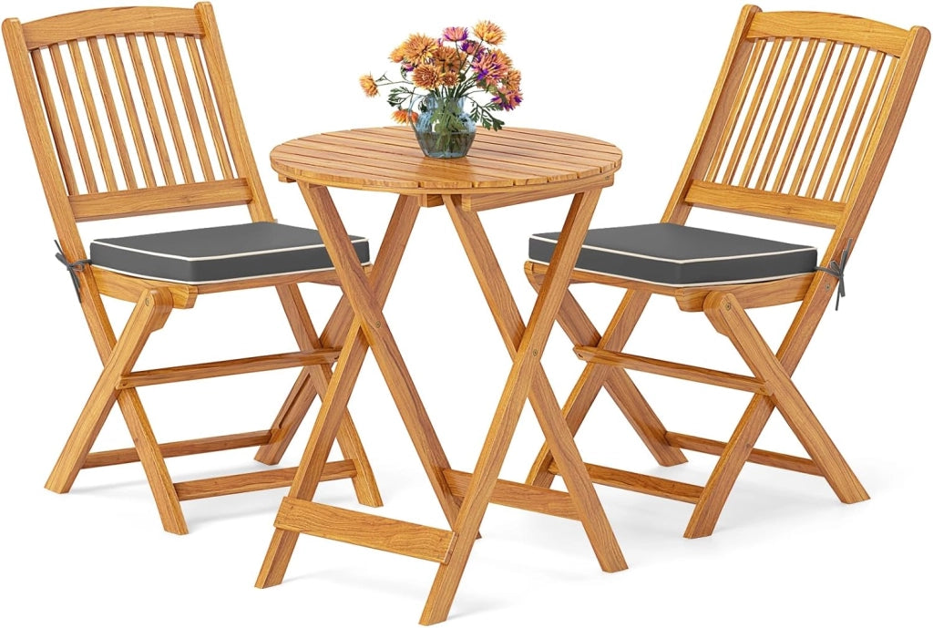 Set di Tavolo e 2 Sedie Pieghevoli in Legno d'Acacia con 2 Cuscini Imbottiti Removibili, Per Esterno, Patio, Giardino e Balcone (Rosso)