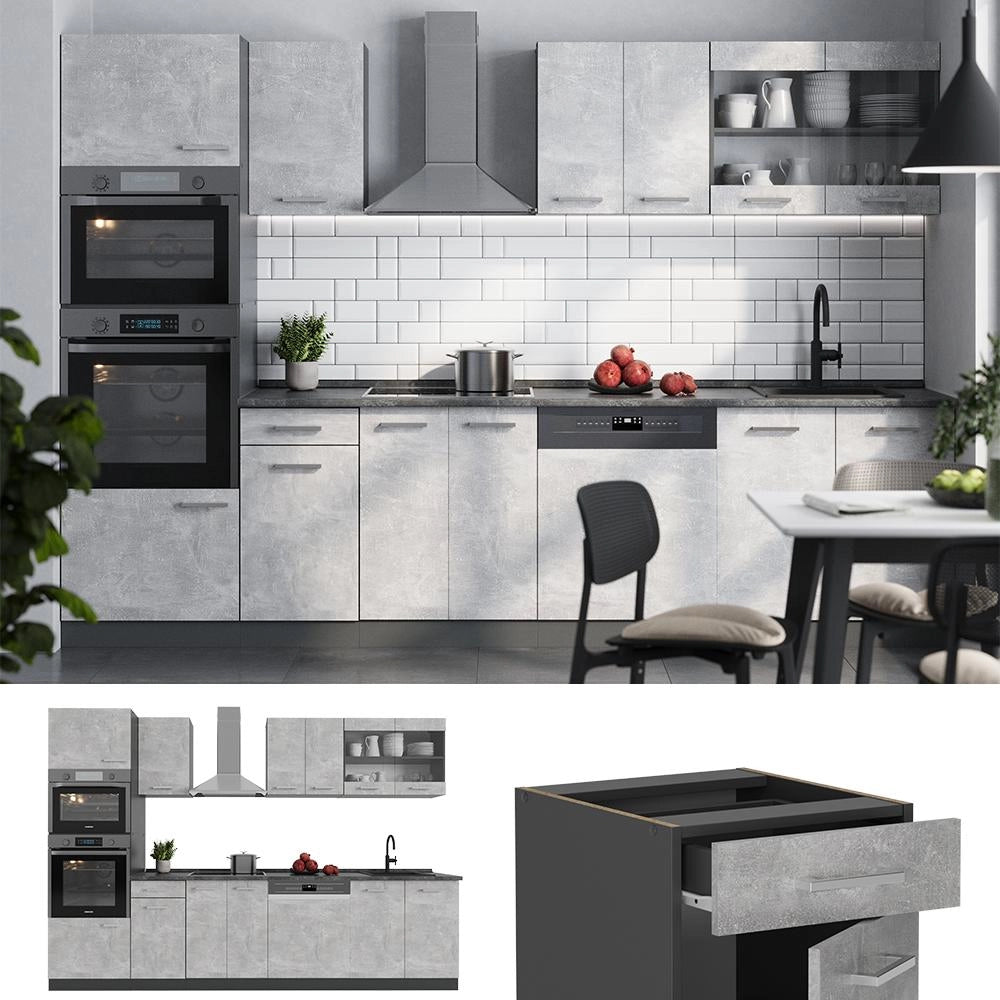 Cucina componibile R-Line Calcestruzzo/Antracite 300 cm con armadio alto, senza piano di lavoro Vicco