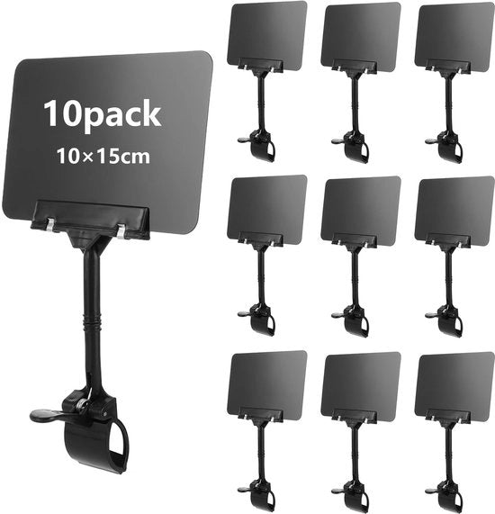 Etichetta per biglietto prezzo da 10 pezzi - A6 - Etichetta adesiva - Supporto per etichette - Supporto per etichette di prodotto - Clip fissa - 15 x 10 cm