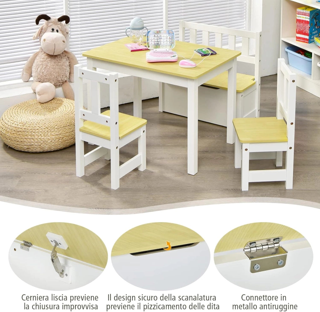 Set 4 Pezzi Tavolo e Sedie per Bambini, 2 in 1 Tavolino Attività di Legno per Bambini con 2 Sedie e 1 Panca, Per Bambini per Giocare Disegnare Leggere e Mangiare (Naturale)