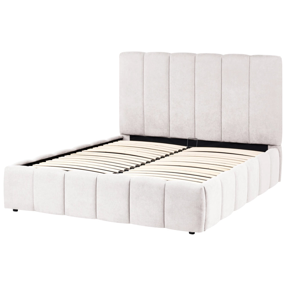 Letto matrimoniale contenitore con trapuntatura verticale in tessuto bianco sporco 140x200 cm struttura sollevabile e testiera alta
