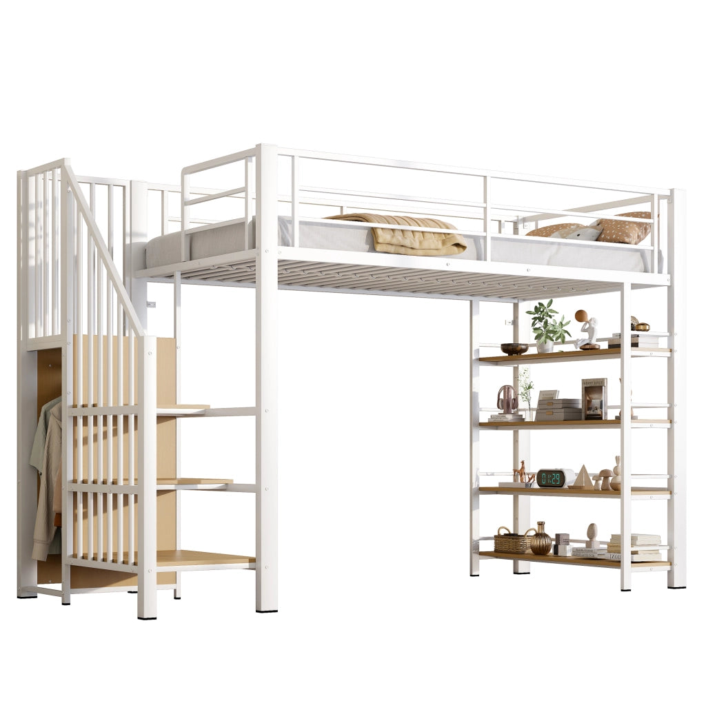 Letto a soppalco 90x200 cm bianco in metallo e MDF con scala contenitore e armadietto